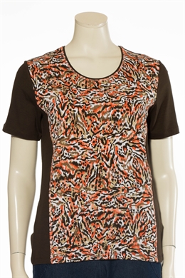 Marinello T-shirt dame med farverigt mønster i koral og brun